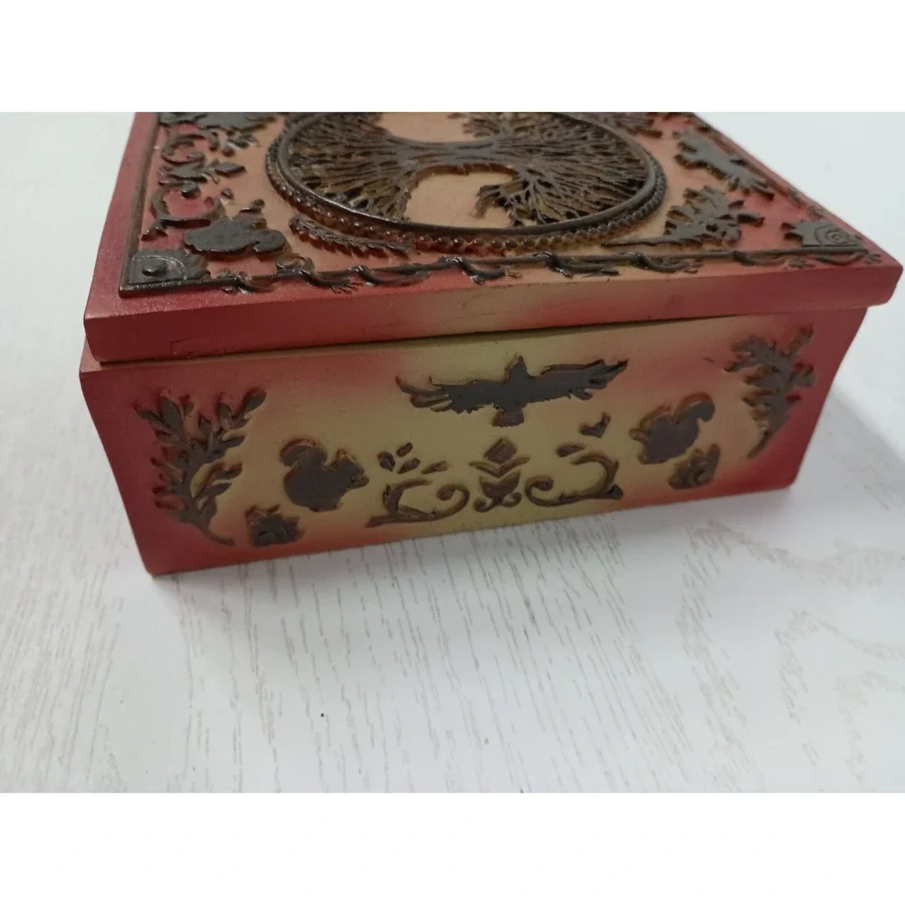 Tree Of Life Jewelry Trinket Box Intricate Raised Design Hand Painted BOHO